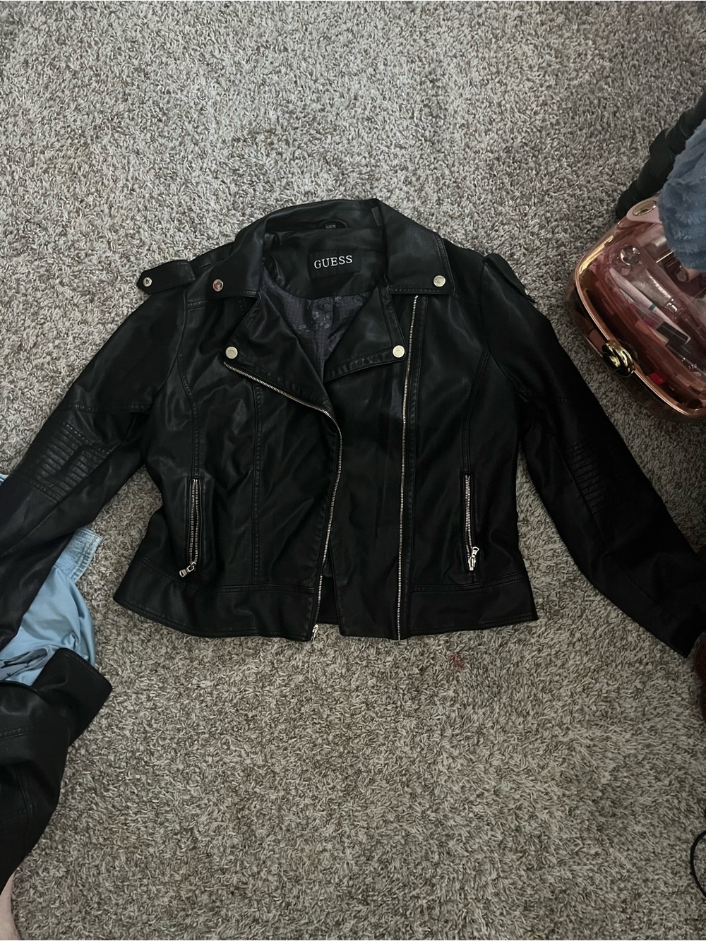 GUESS Black Real Leather Moto Jacket with Silver Hardware